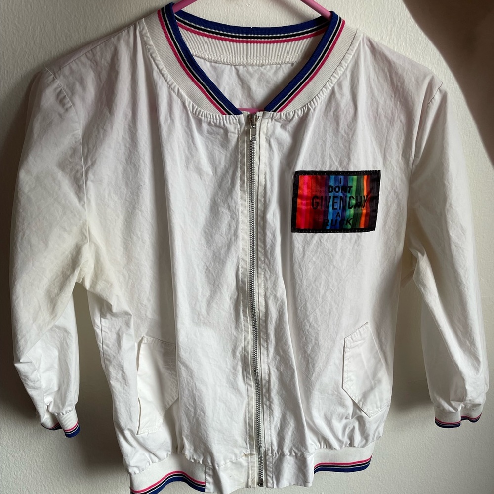 I don’t givenchy a ruck 3/4 sleeve zip up baseball jacket, vintage rainbow